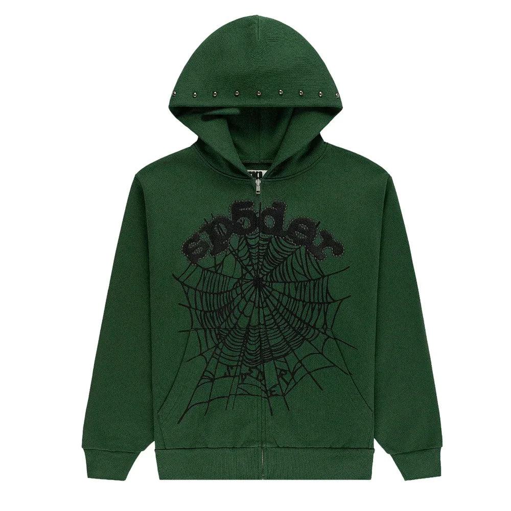 Sp5der Og Web Studded Zip Hoodie Green